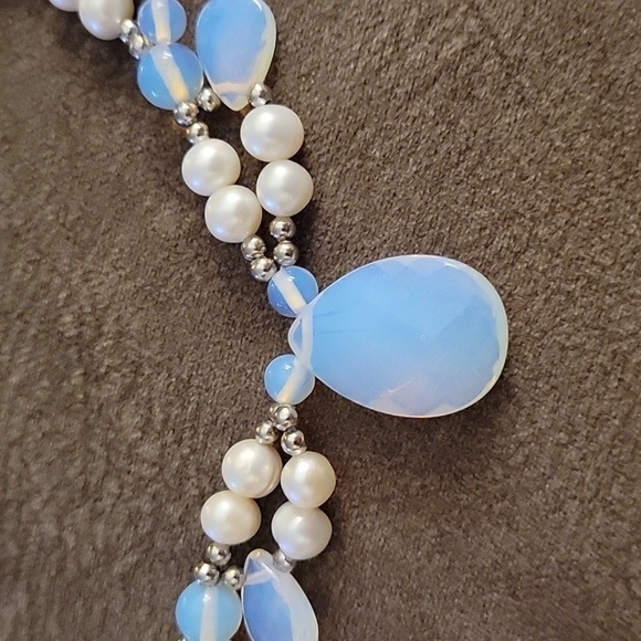 HANDMADE Freshwater Pearl Knotted Opalite Teardrop Festoon Landgirl Necklace - Picture 4 of 8